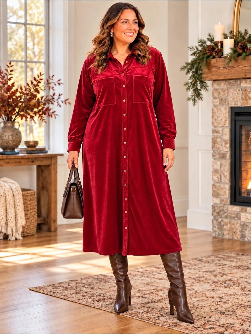 Umgee Red Velvet Midi Shirt Dress Size 1XL